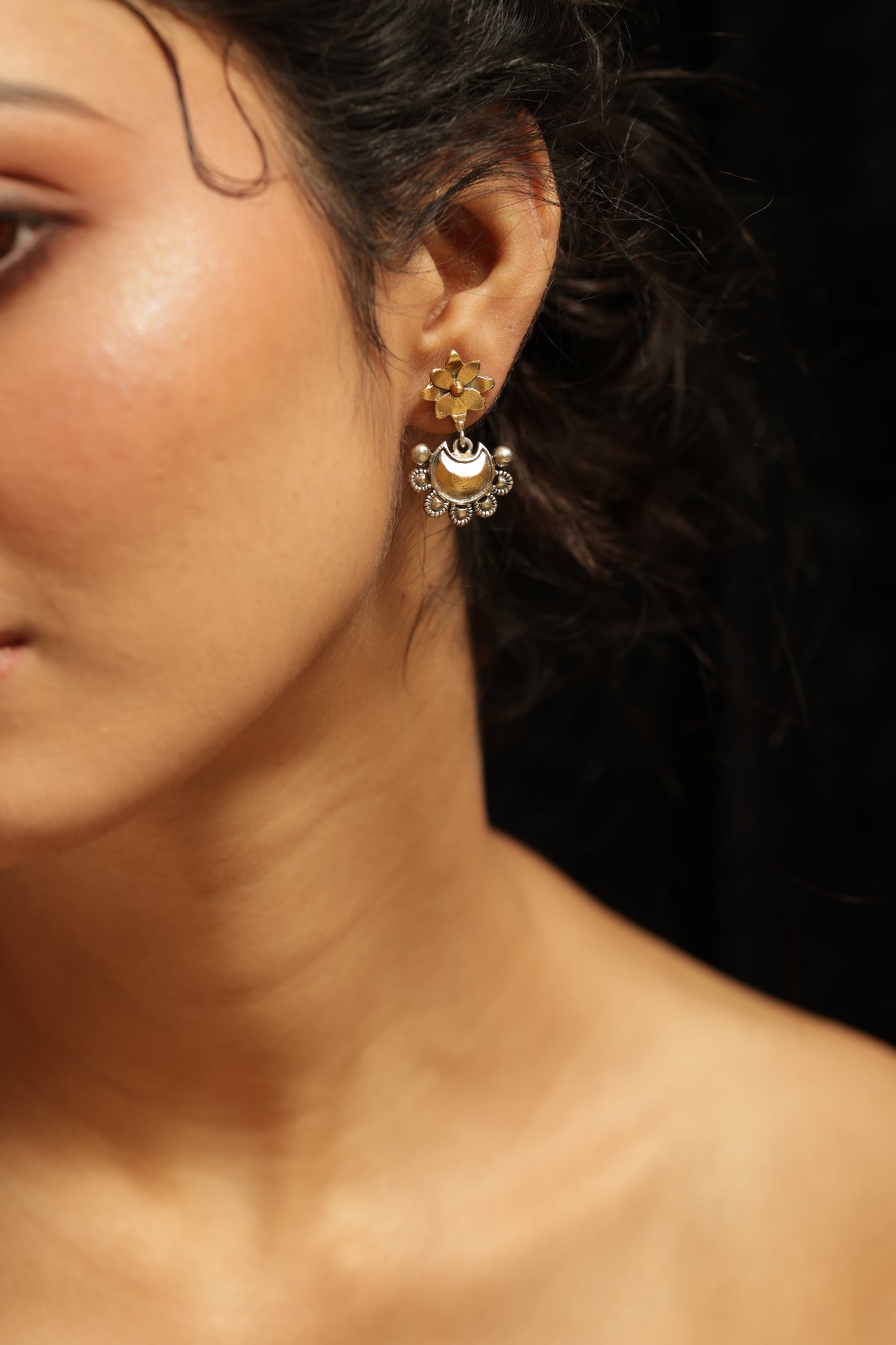 SHUCHI MOON FLOWER GOLDEN SILVER PLATED EARRING