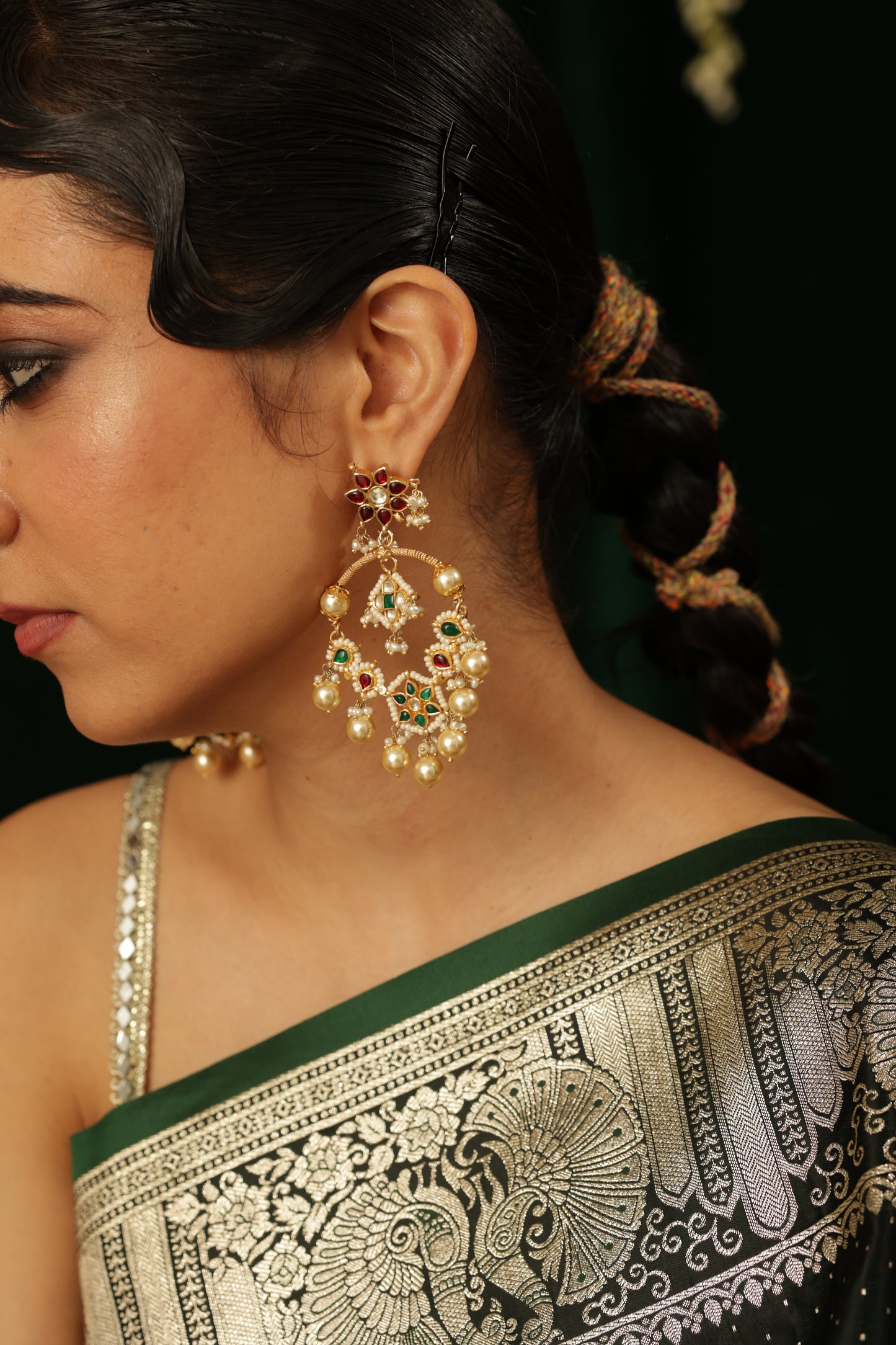 OISHI JADAU WORK PEARL DROP GOLD PLATED SILVER EARRING