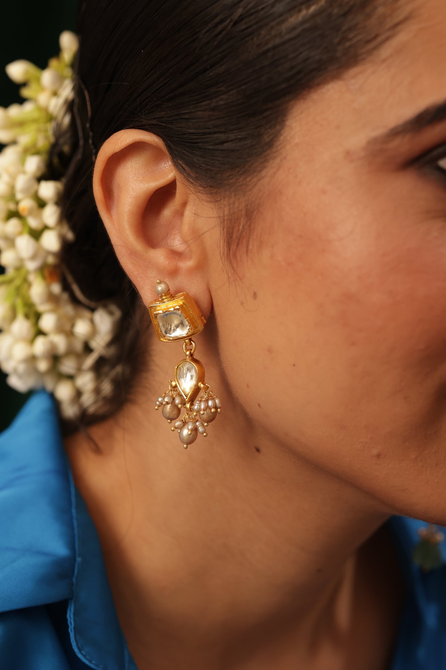 MAAYA GOLD PLATED & WHITE PEARL DROP WITH STONES