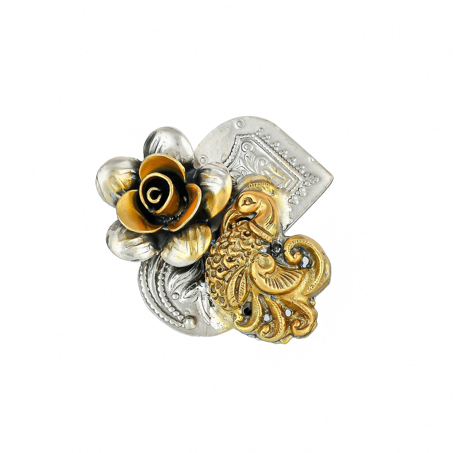 TURVI GOLD PLATED MAYOOR & ROSE SILVER RING