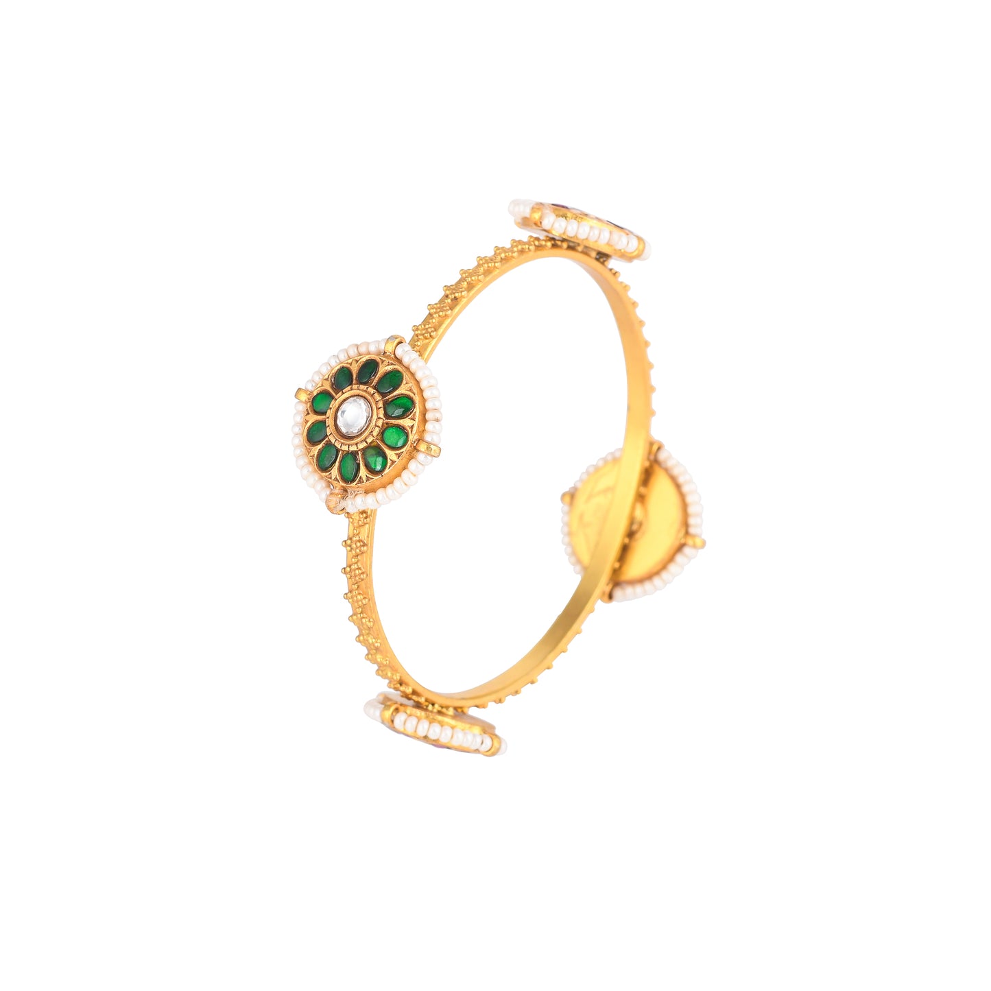 NETRA GREEN-PINK STONE CHARMS, GOLD PLATED SILVER BANGLES