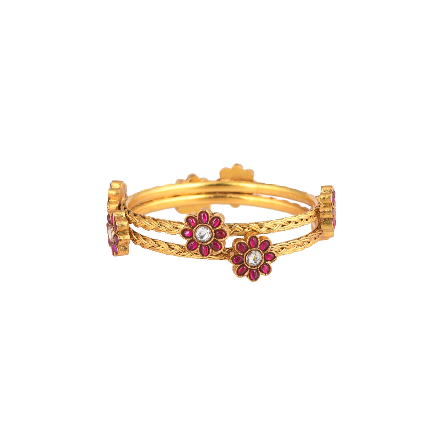LEENA PINK STONE CHARMS, GOLD PLATED SILVER BANGLES