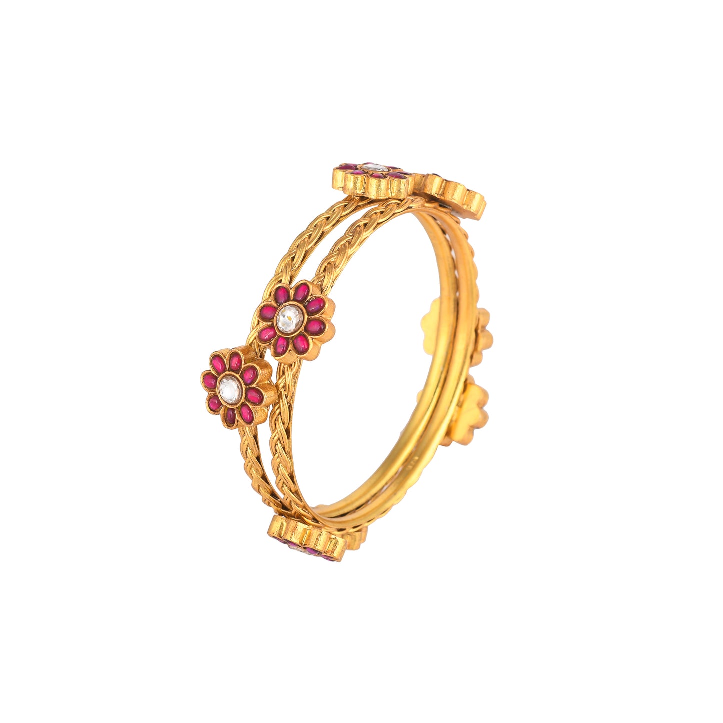 LEENA PINK STONE CHARMS, GOLD PLATED SILVER BANGLES