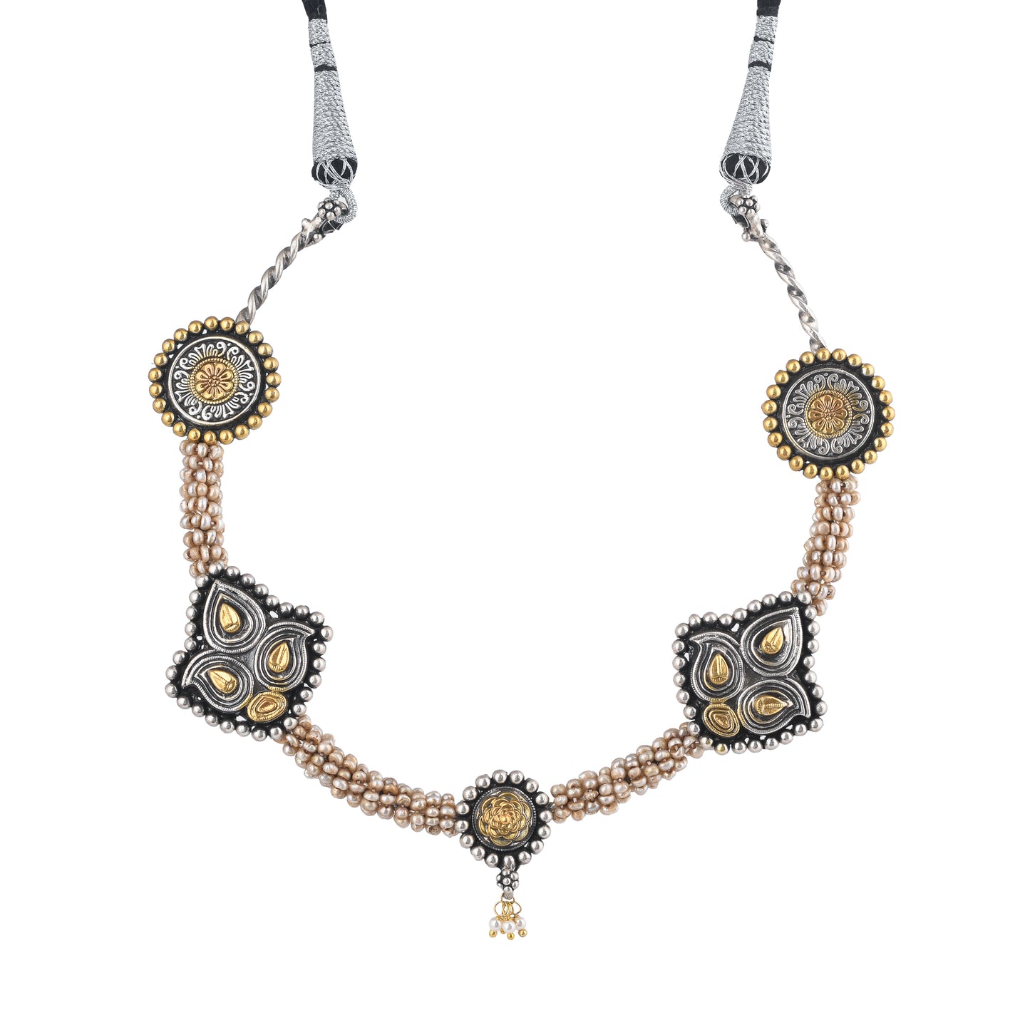 AARNA STUDDED WITH PEARL STRING AND SILVER TRIBAL CHARMS, GOLD PLATED SILVER NECKPIECE