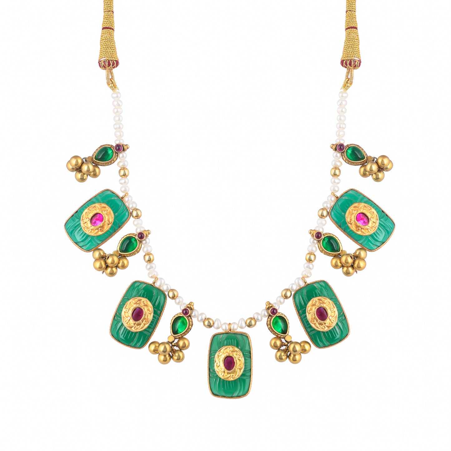 VERANDAH GREEN STONES, PEARL STRING & DROP, GOLD PLATED SILVER, NECKPIECE