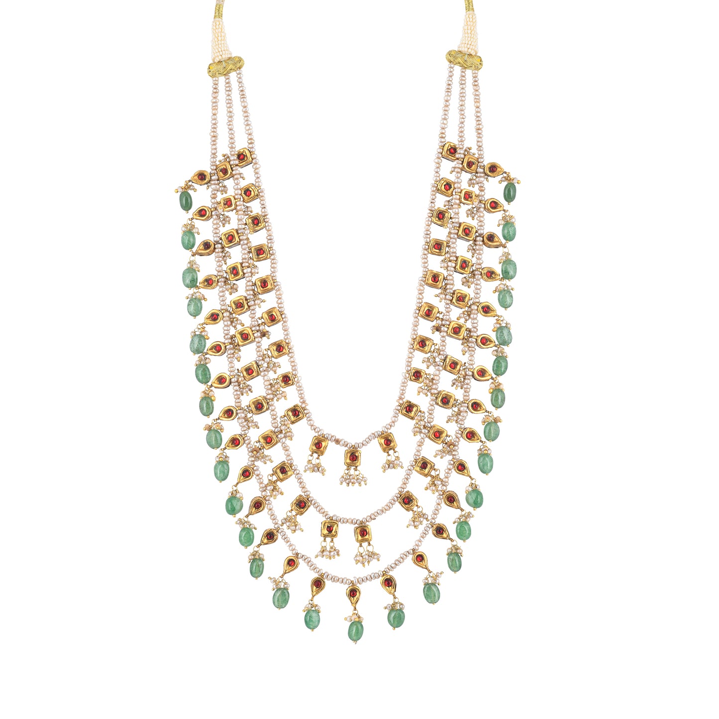 VERANDAH THREE LAYER OF PEARL STRING WITH PEARL AND GREEN STONE DROP, NECKPIECE
