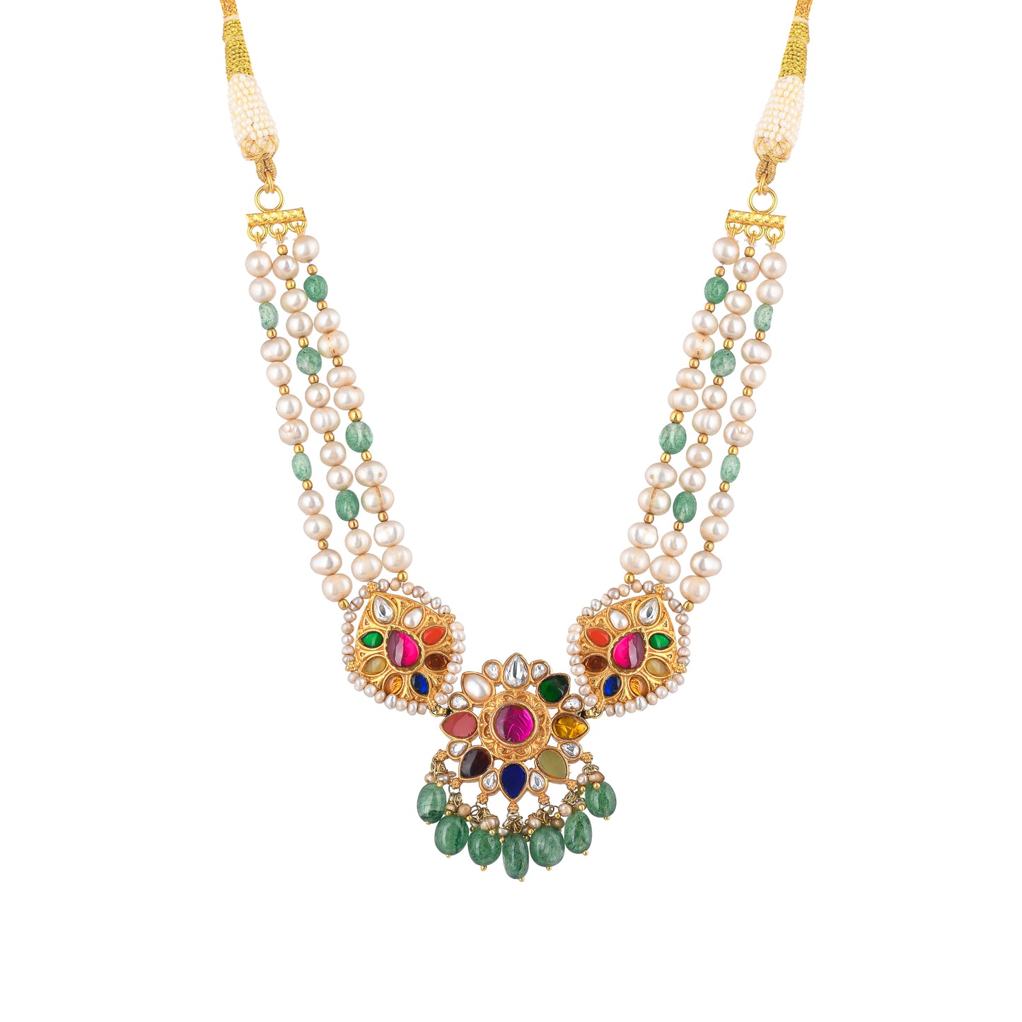 HAMSIKA NAVRATNA GLASS STONE, PEARL & STONE STRING, GOLD PLATED SILVER, NECKPIECE