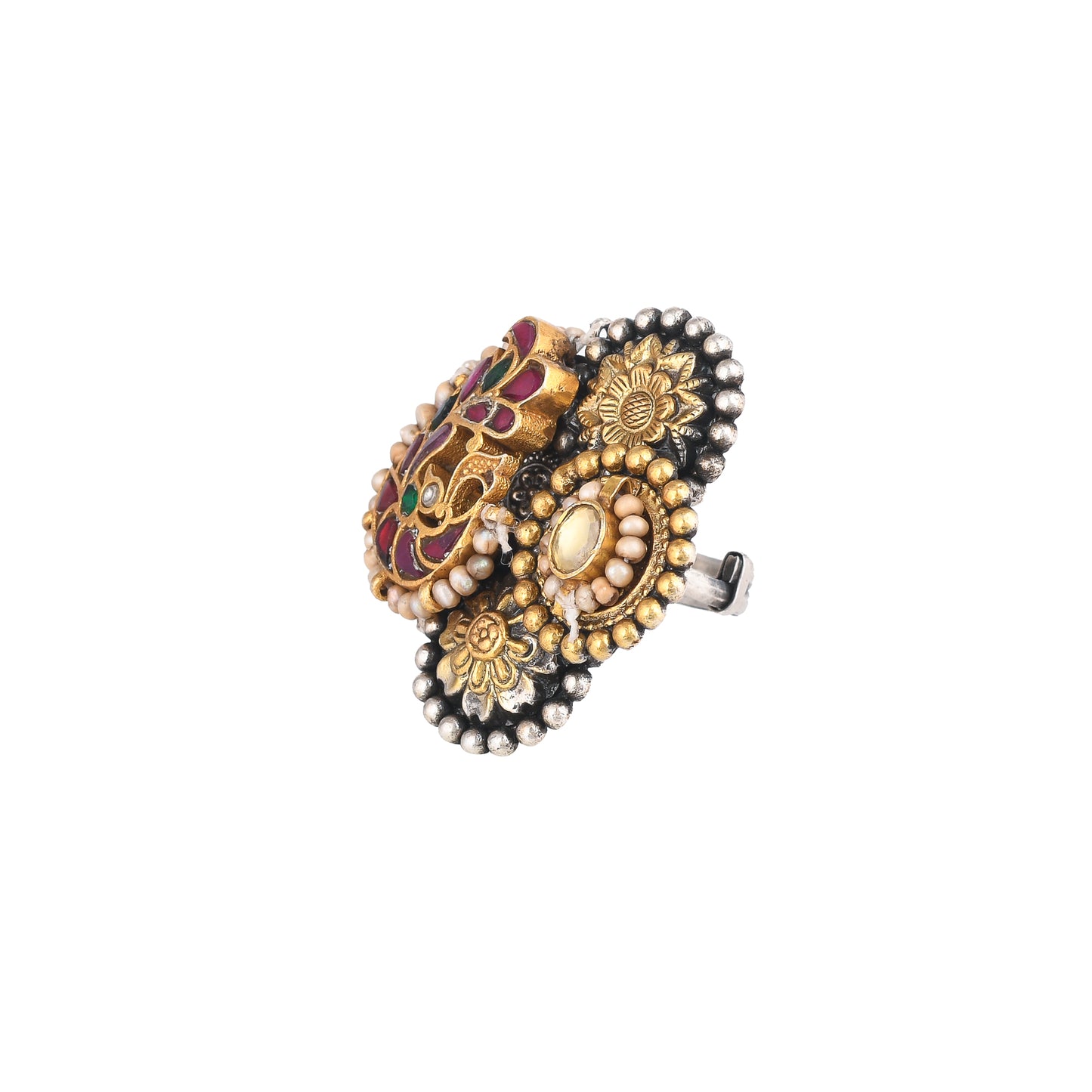 NANCY RED STONE FLORAL TRIBAL DESIGN, GOLD PLATED SILVER RING
