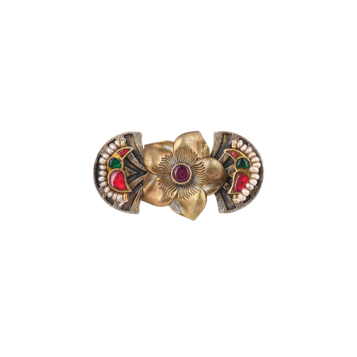 ATREYI TWO TONED FLOWER STYLE, STUDDED WITH BEADS, SILVER RING