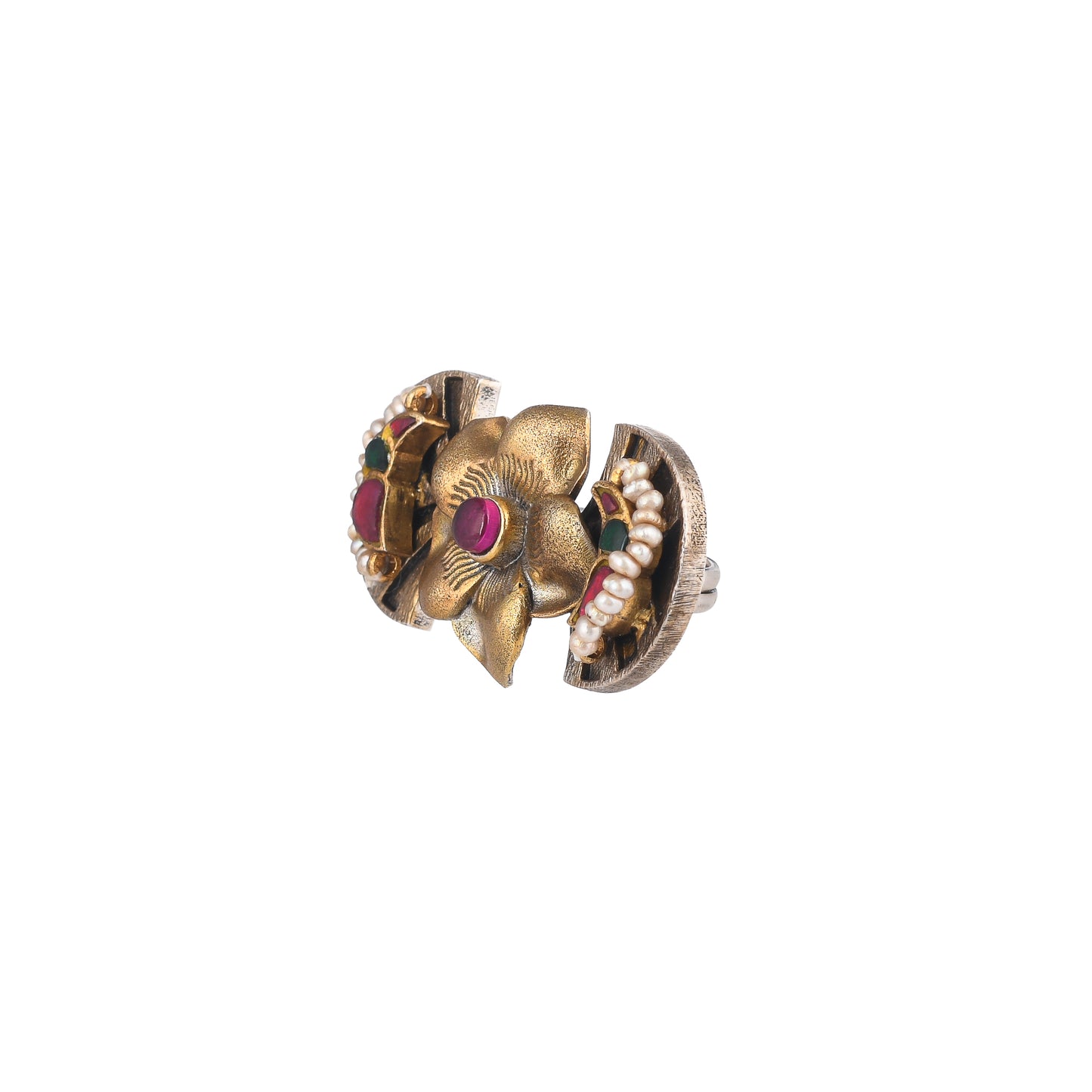 ATREYI TWO TONED FLOWER STYLE, STUDDED WITH BEADS, SILVER RING