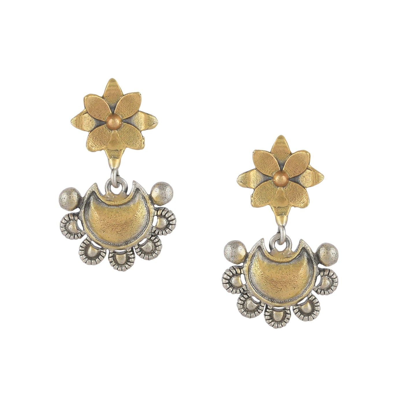 SHUCHI MOON FLOWER GOLDEN SILVER PLATED EARRING