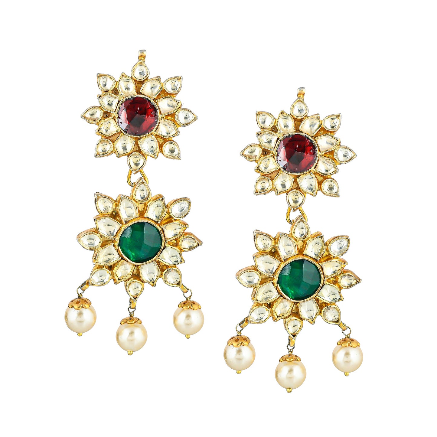 ALISHA KUNDAN WHITE PEARL DROP GOLD PLATED SILVER EARRING