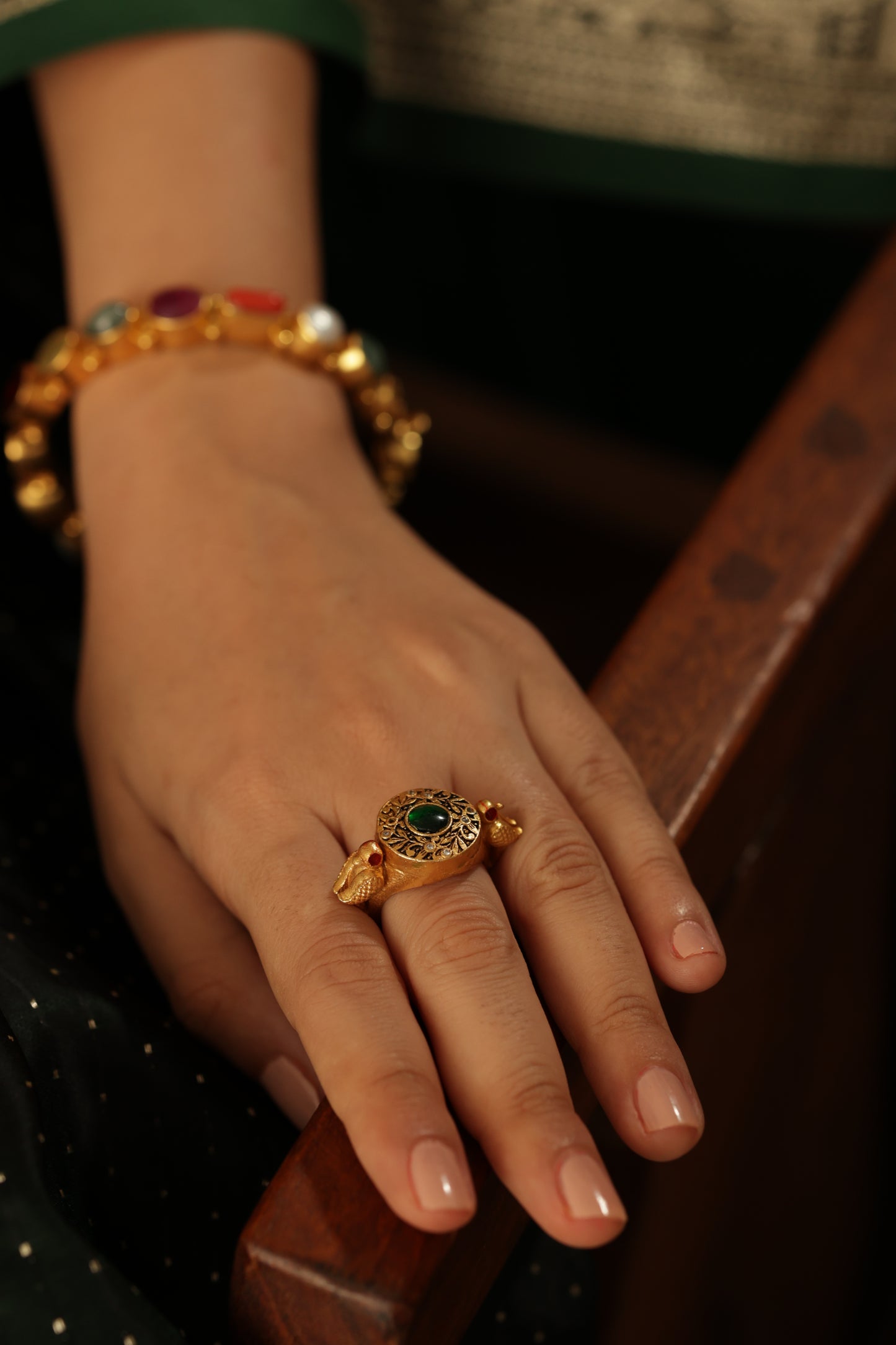 BATUL GREEN STONE
 GOLD PLATED ENGRAVED RING