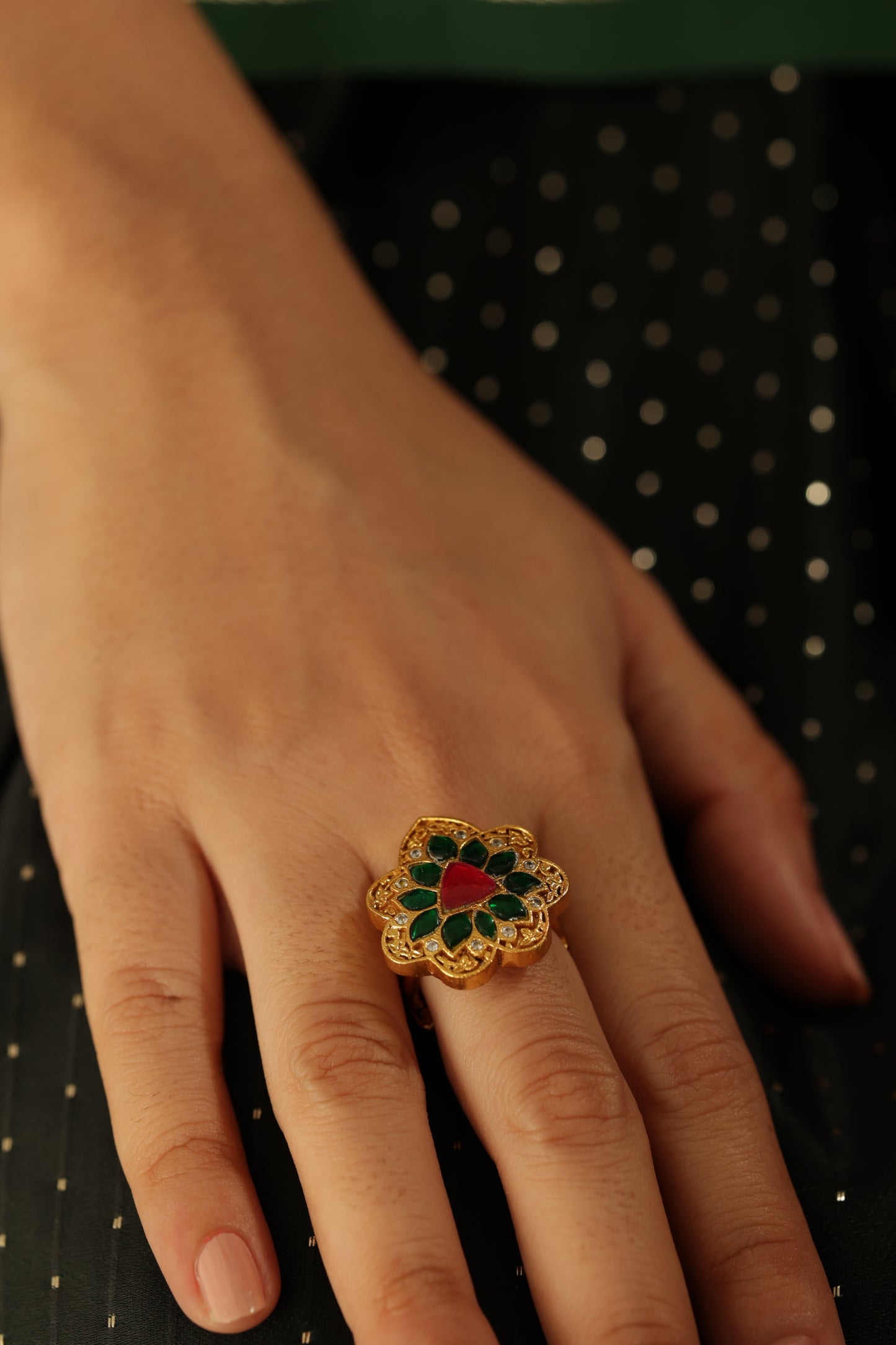 DEETA PINK-GREEN STONE FLOWER, GOLD PLATED RING