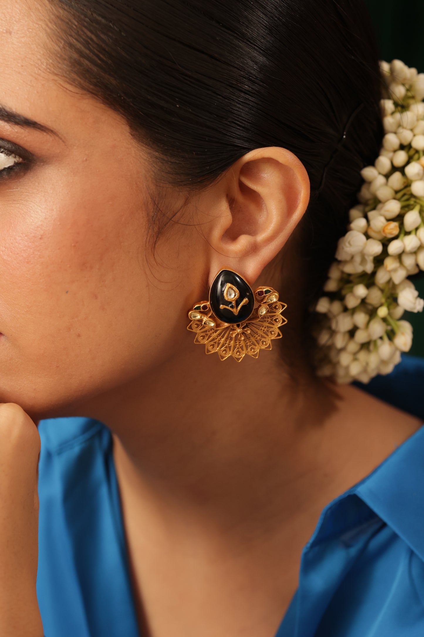 DITYA BLACK STONE GOLD PLATED SILVER EARRING