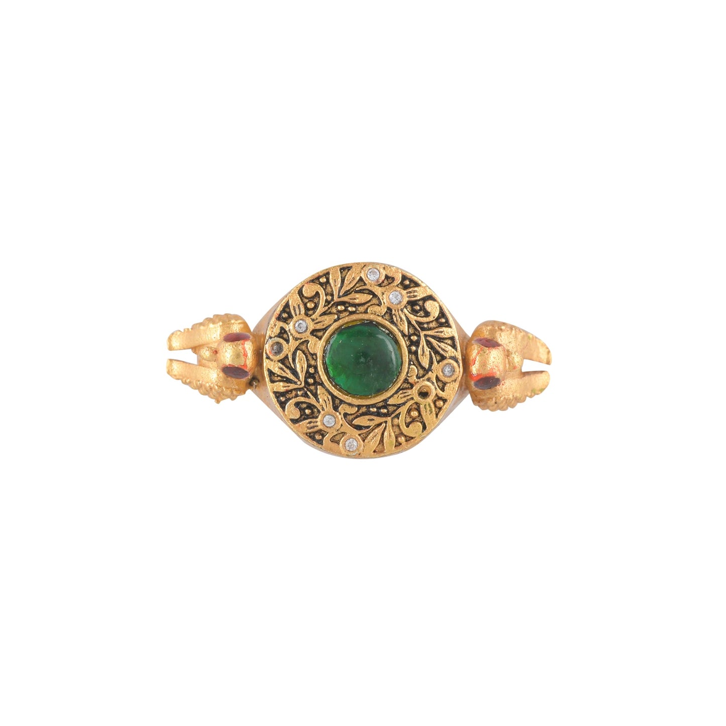 BATUL GREEN STONE
 GOLD PLATED ENGRAVED RING