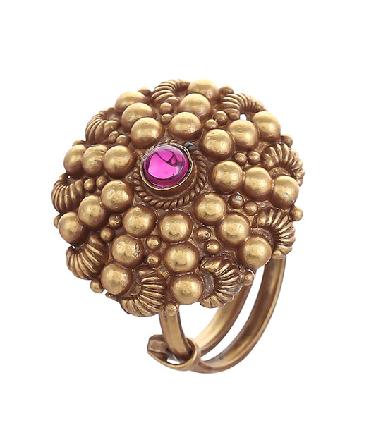 PINK STONE GOLD BEAD  ENGRAVED RING SET