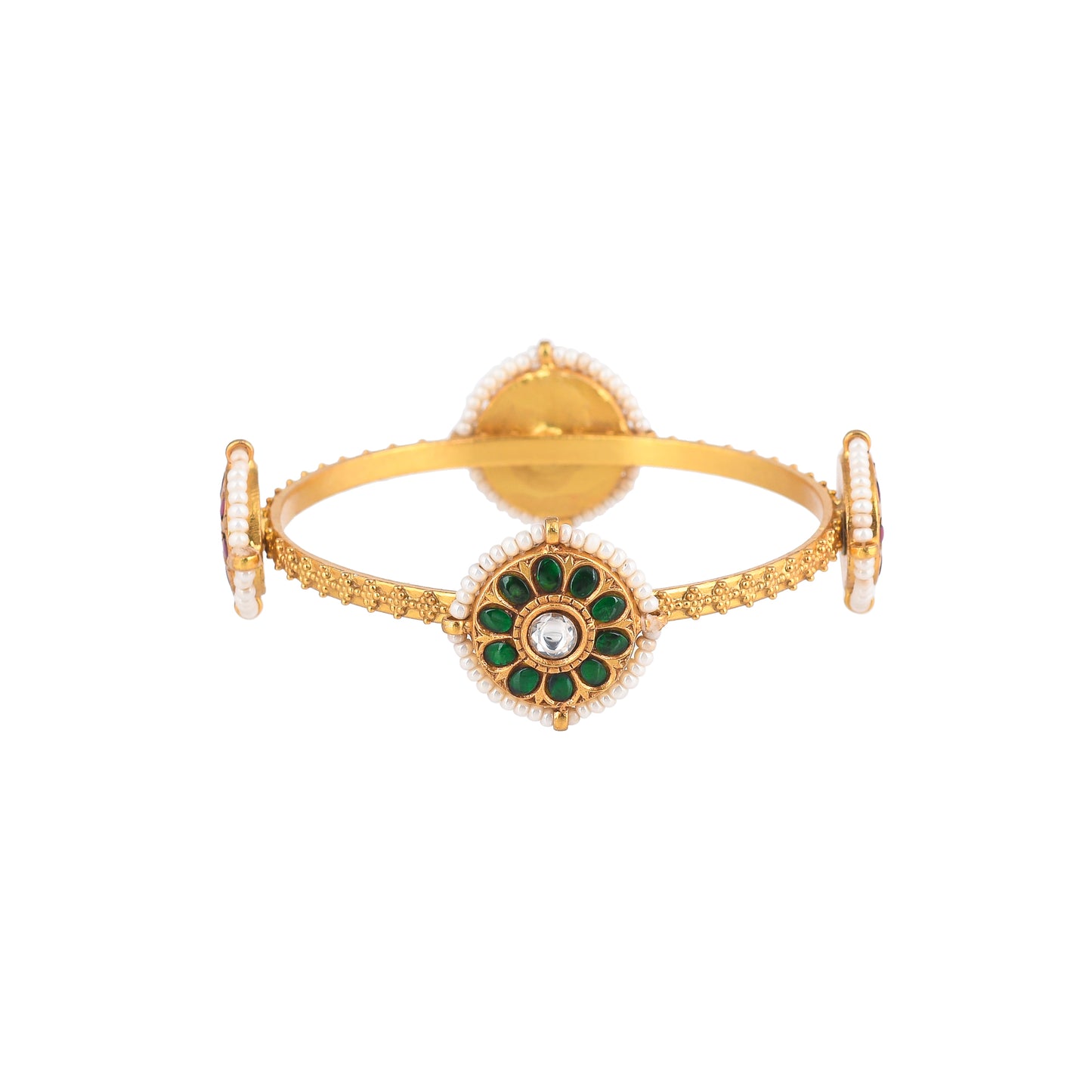 NETRA GREEN-PINK STONE  CHARMS, GOLD PLATED  SILVER BANGLES