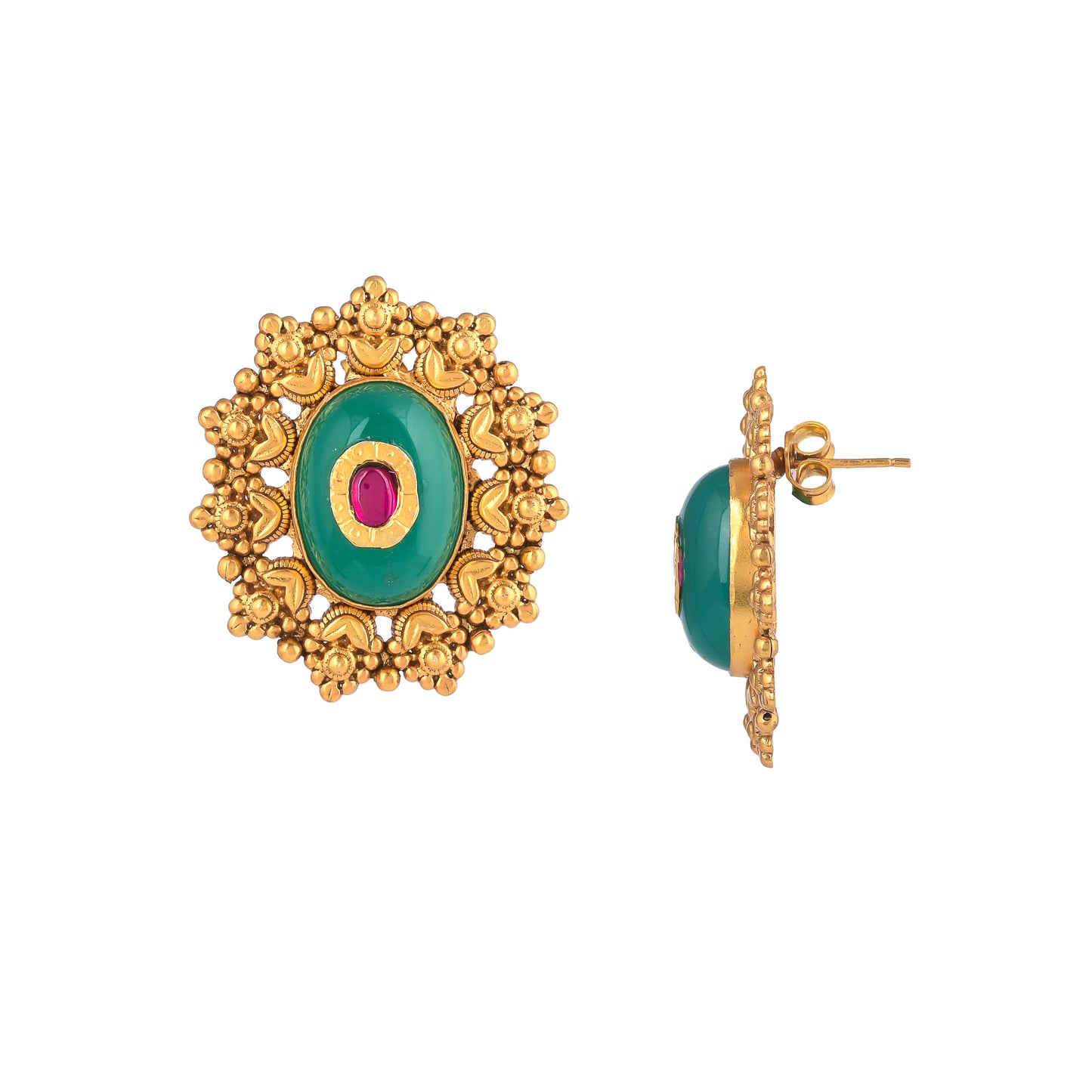 HAZEL SEA-GREEN STONE  & OPAL SHAPED SILVER WITH GOLD PLATED STUDS