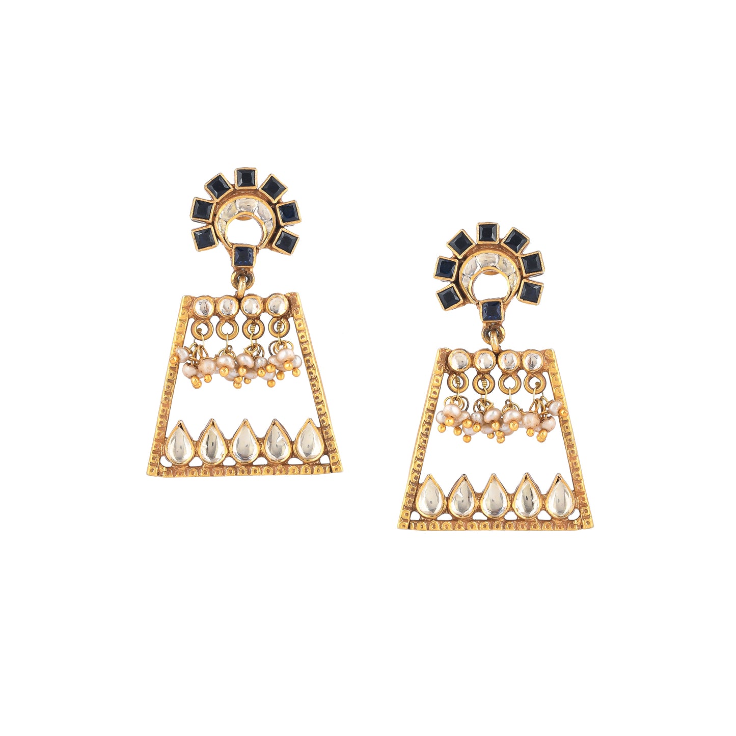 MOLLY BLACK STONE, JADAU WORK, SILVER WITH GOLD PLATED EARRING