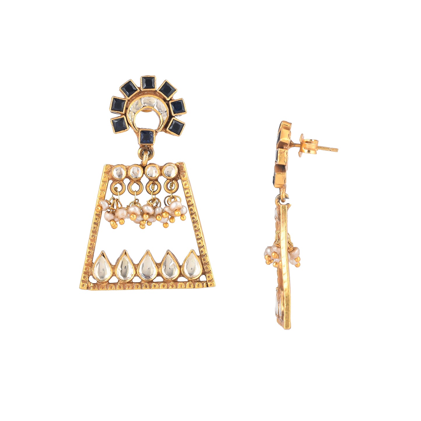 MOLLY BLACK STONE, JADAU WORK, SILVER WITH GOLD PLATED EARRING