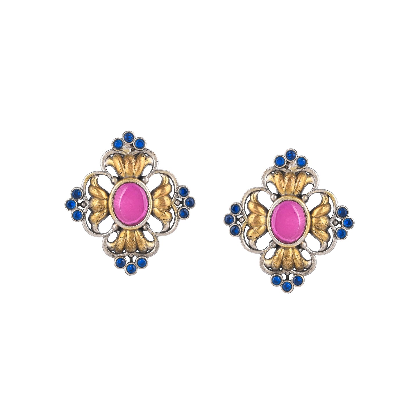 TULIP BLUE-PINK STONE, GOLD PLATED SILVER, STUD