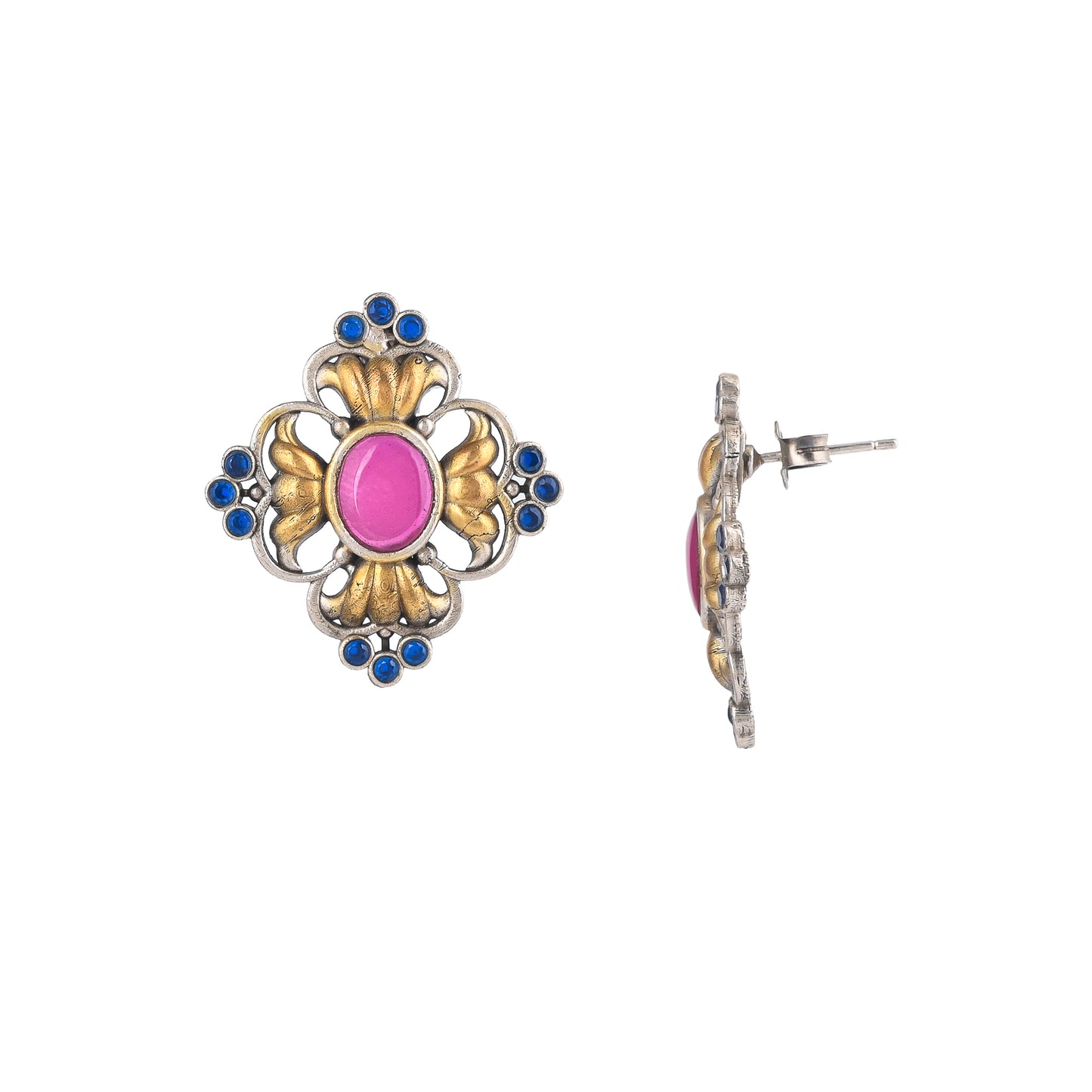 TULIP BLUE-PINK STONE, GOLD PLATED SILVER, STUD