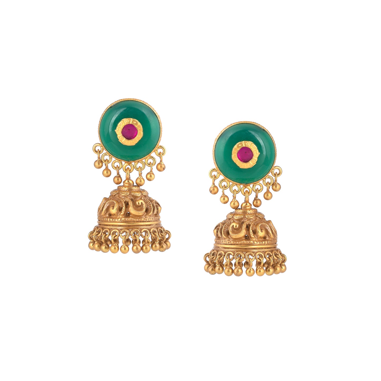 AELLA GREEN STONE, GOLD PLATED SILVER, DOME SHAPED EARRING