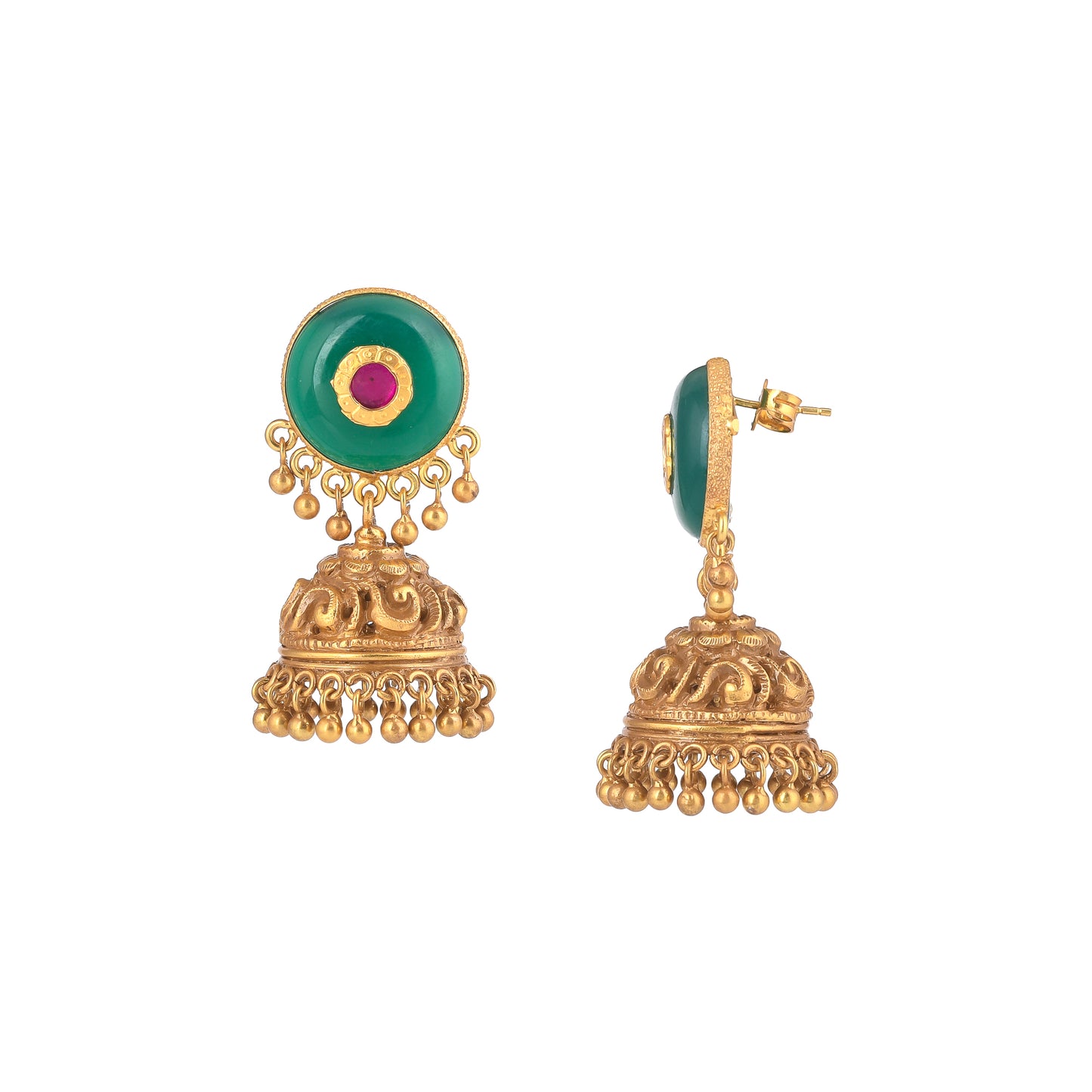 AELLA GREEN STONE, GOLD PLATED SILVER, DOME SHAPED EARRING