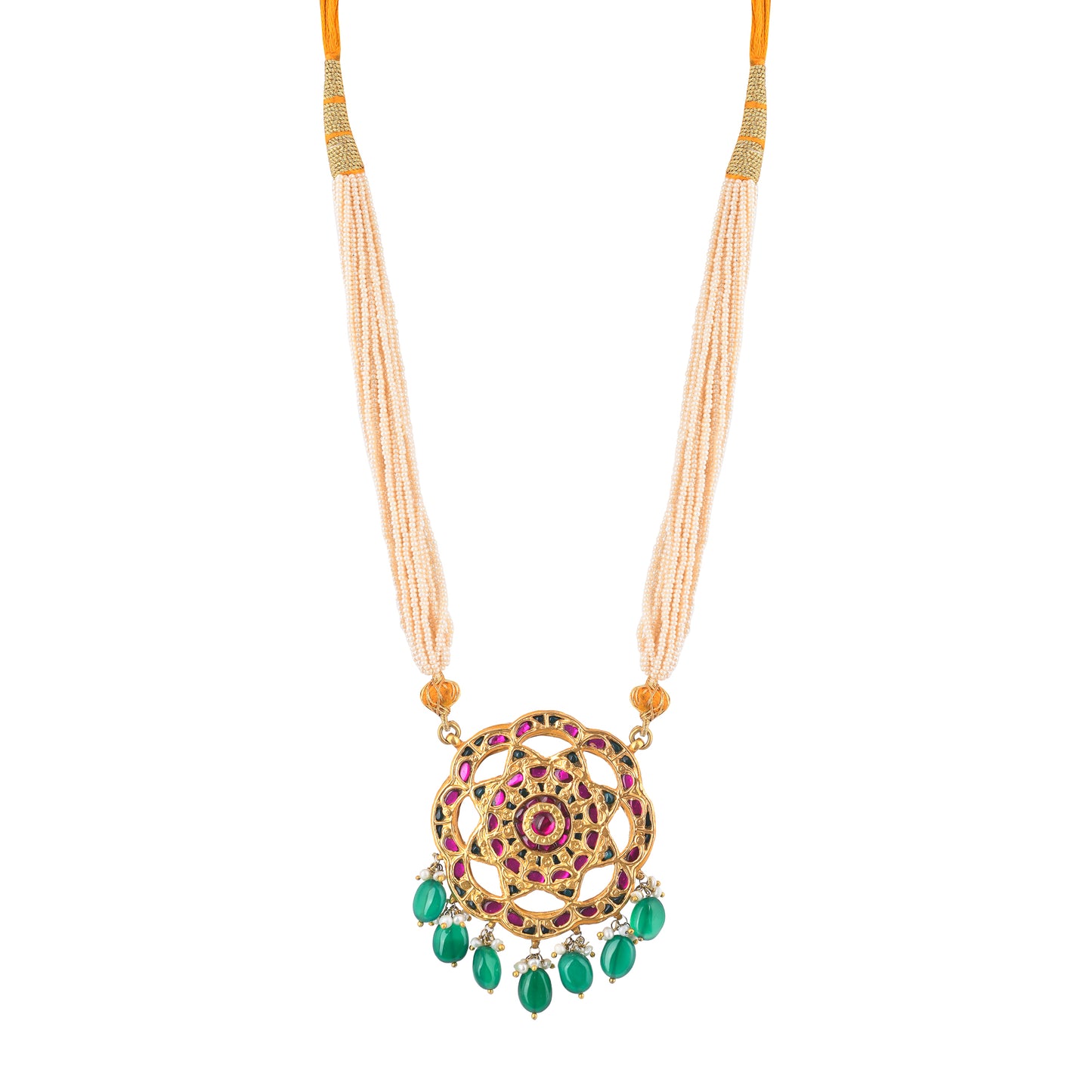 AMAYA PINK STONE CARVED, GREEN STONE DROP, BEADS STRING, GOLD PLATED SILVER NECKPIECE