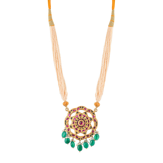 AMAYA PINK STONE CARVED, GREEN STONE DROP, BEADS STRING, GOLD PLATED SILVER NECKPIECE