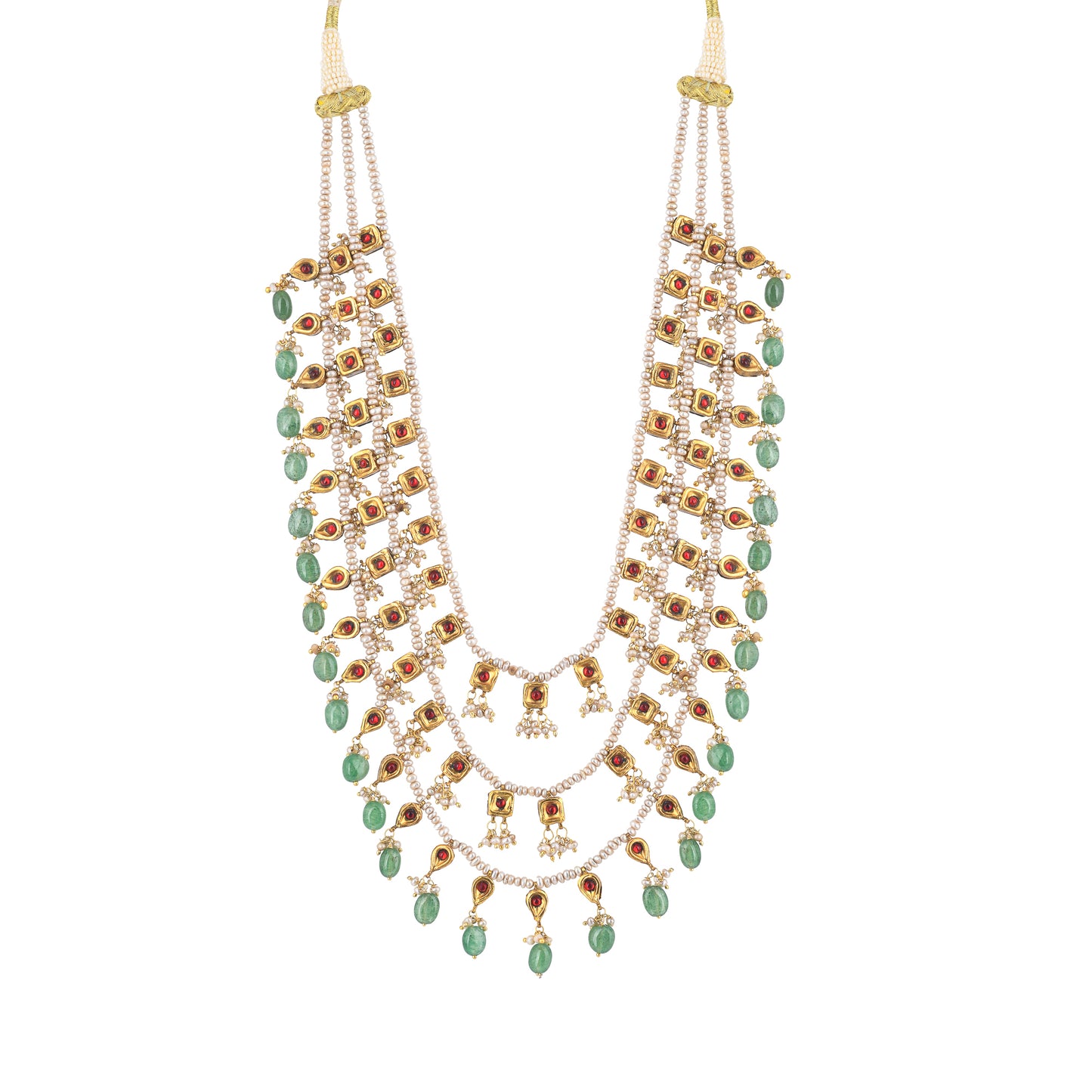 VERANDAH THREE LAYER OF  PEARL STRING WITH PEARL  AND GREEN STONE DROP, NECKPIECE