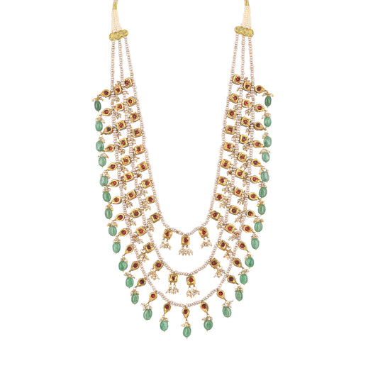 VERANDAH THREE LAYER OF  PEARL STRING WITH PEARL  AND GREEN STONE DROP, NECKPIECE