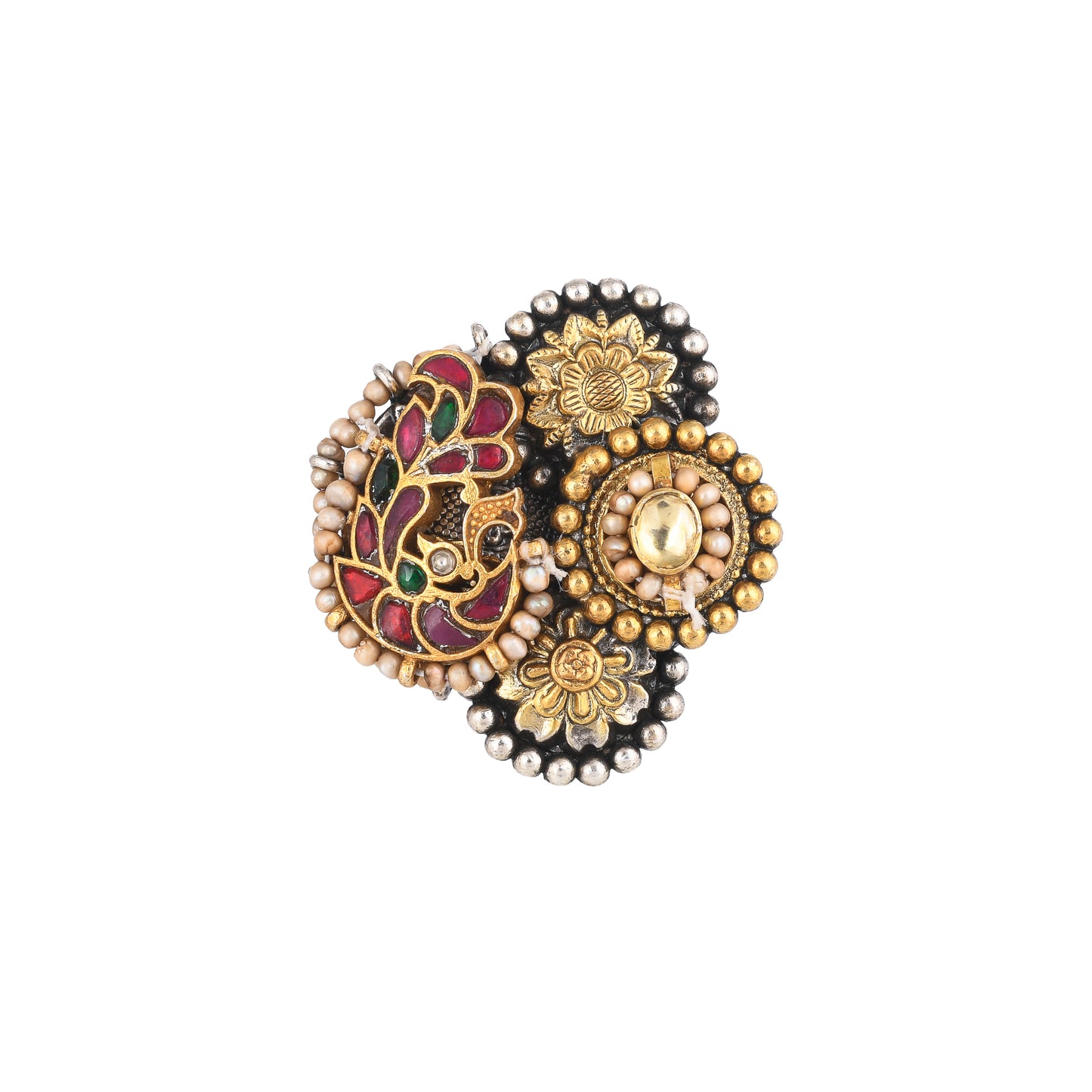 NANCY RED STONE FLORAL  TRIBAL DESIGN, GOLD PLATED SILVER RING