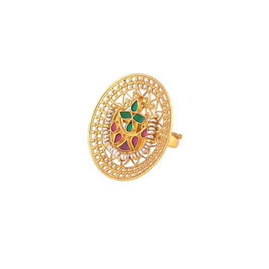 AKSHI PINK-GREEN STONE, CIRCLE CARVING, GOLD PLATED SILVER RING