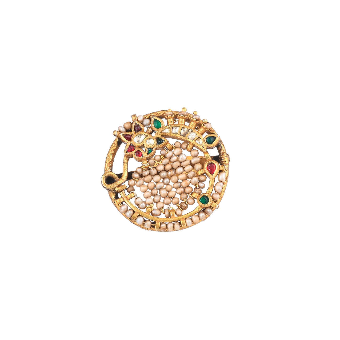 AVNI CARVED WITH PEARLS AND STONE, GOLD PLATED SILVER RING