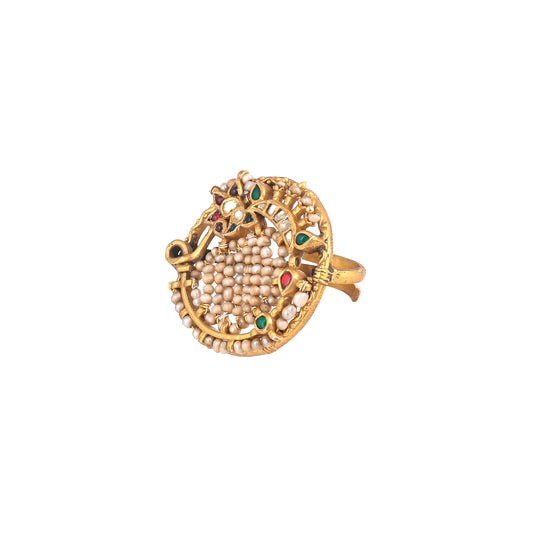 AVNI CARVED WITH PEARLS AND STONE, GOLD PLATED SILVER RING