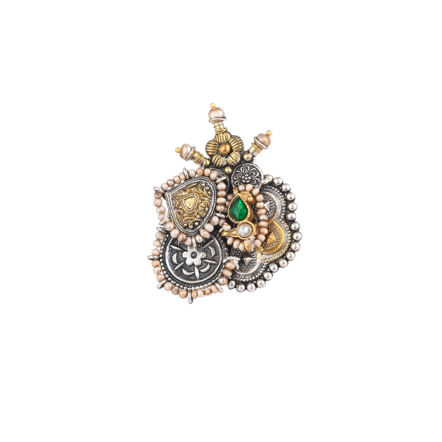 BHUVI GOLDEN FLOWER, STUDDED WITH PEARLS, GOLD PLATED SILVER RING