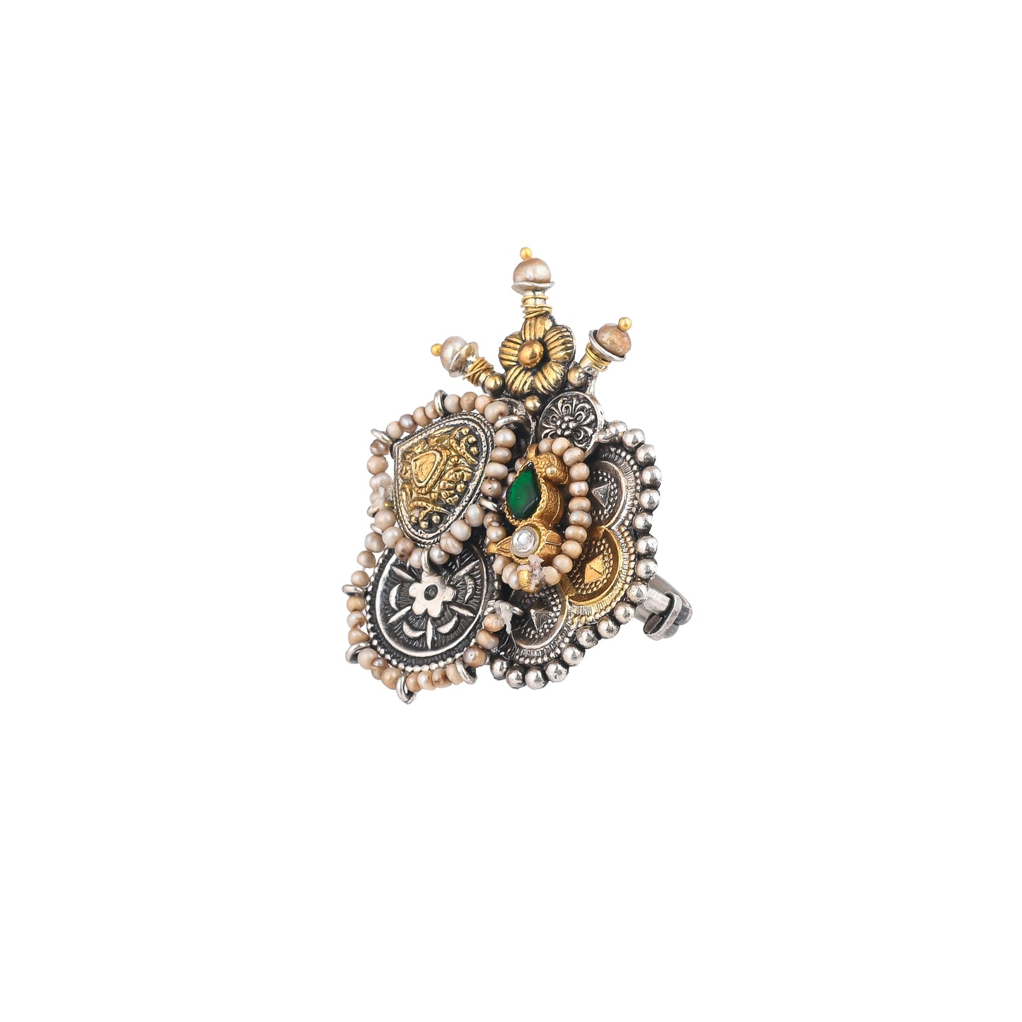 BHUVI GOLDEN FLOWER, STUDDED WITH PEARLS, GOLD PLATED SILVER RING