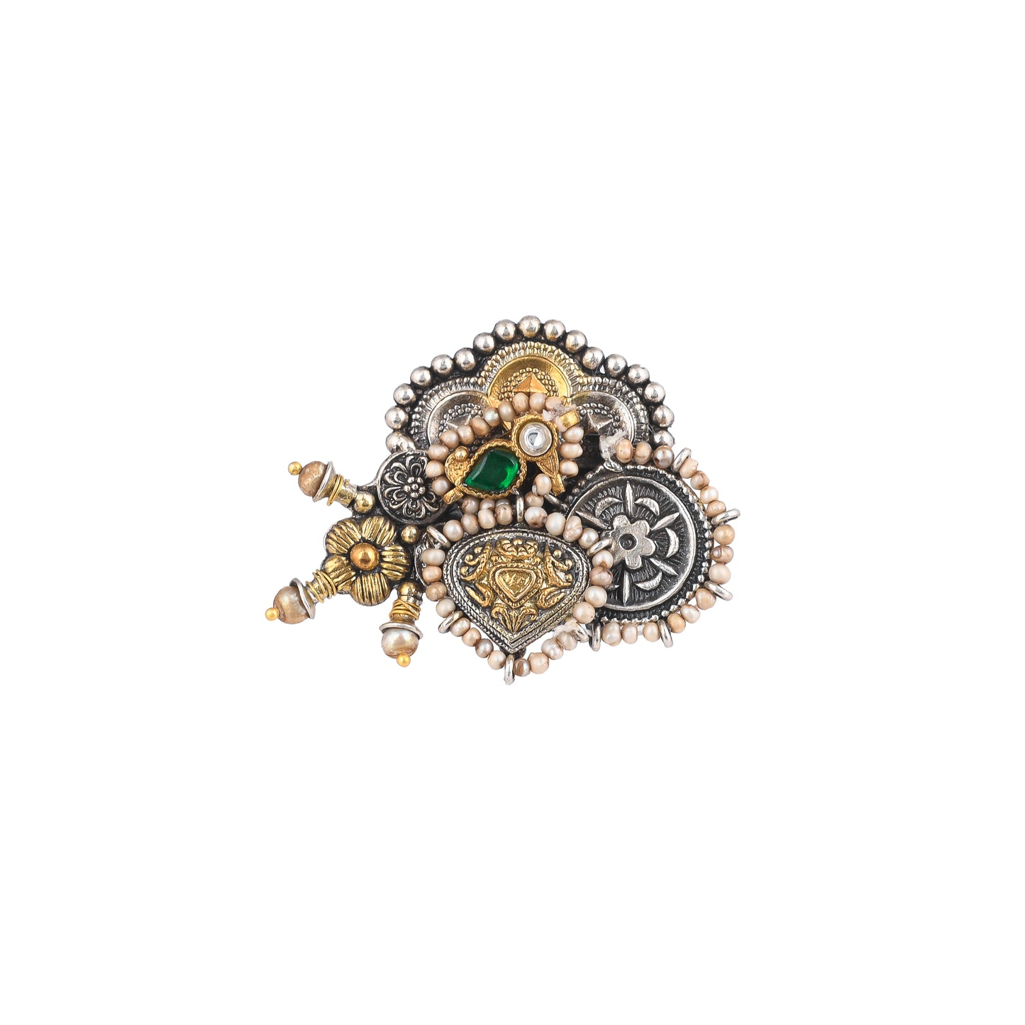 BHUVI GOLDEN FLOWER, STUDDED WITH PEARLS, GOLD PLATED SILVER RING