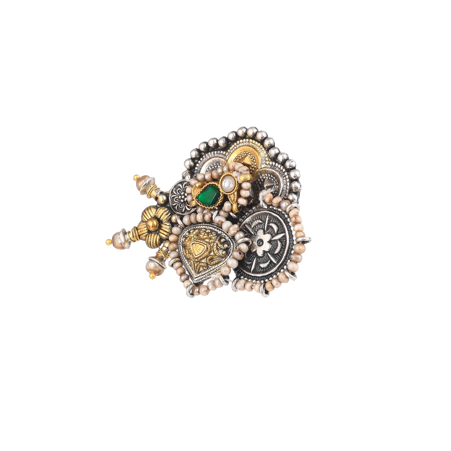 BHUVI GOLDEN FLOWER, STUDDED WITH PEARLS, GOLD PLATED SILVER RING