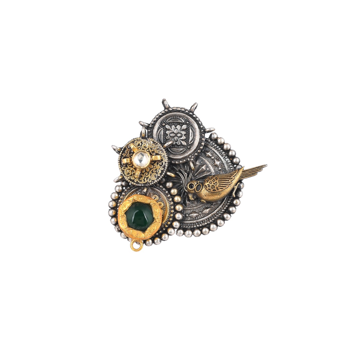 DARIKA GREEN STONE, BIRD EMBOSSED, GOLD PLATED SILVER RING