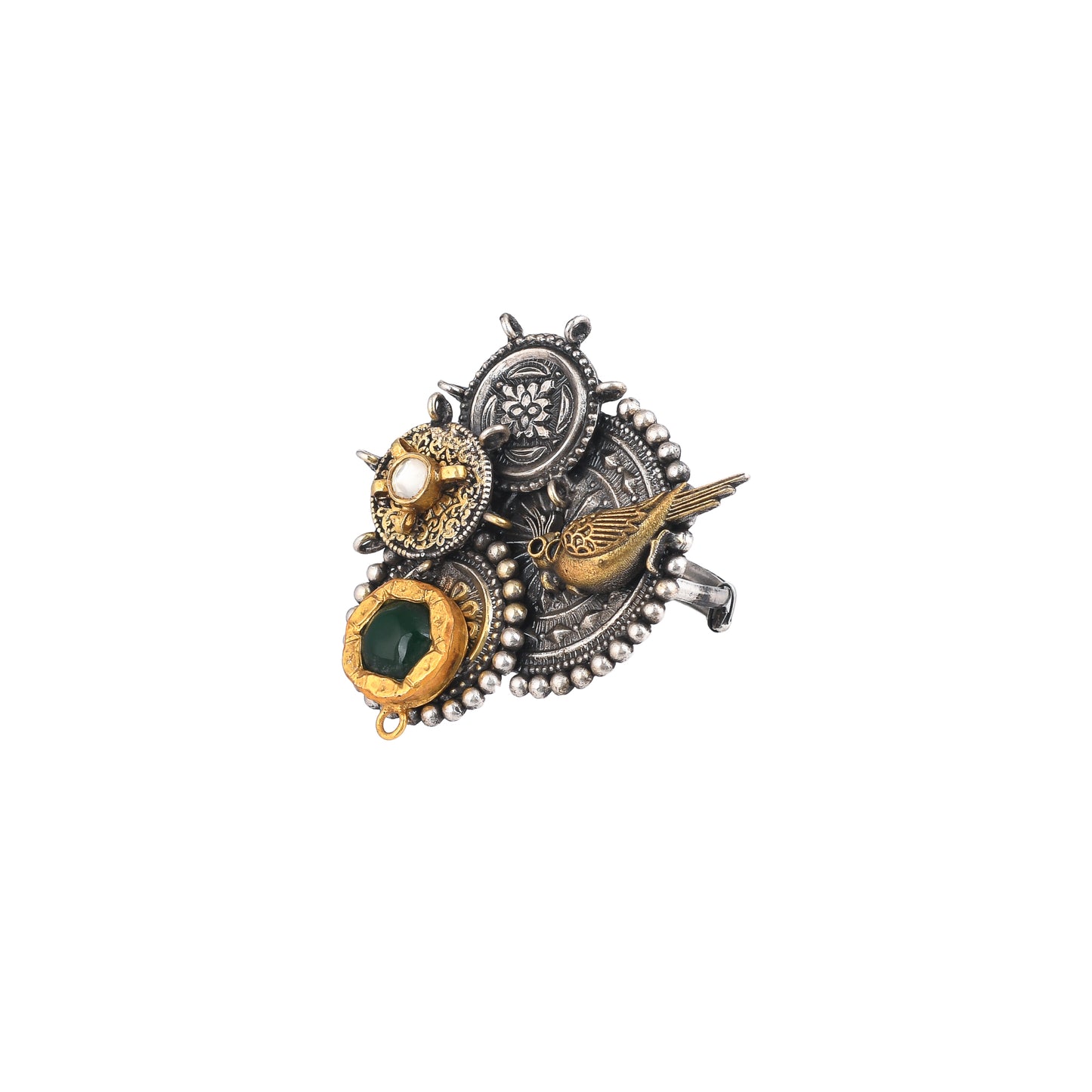 DARIKA GREEN STONE, BIRD EMBOSSED, GOLD PLATED SILVER RING