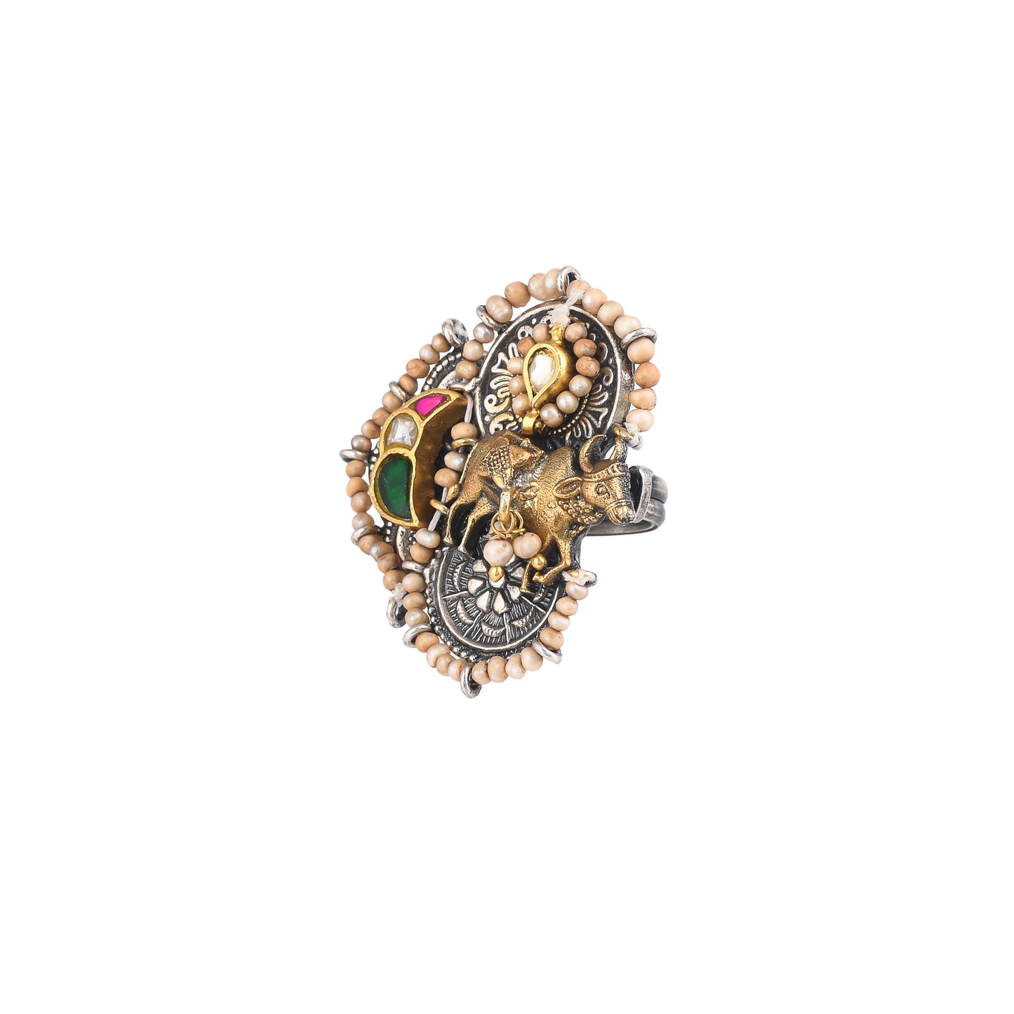 DEVINA HOLY COW, STUDDED WITH PEARLS, GOLD PLATED SILVER RING