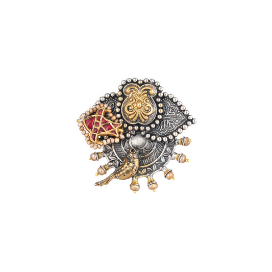 KEYA RED STONE, BIRD  EMBOSSED, GOLD PLATED SILVER RING