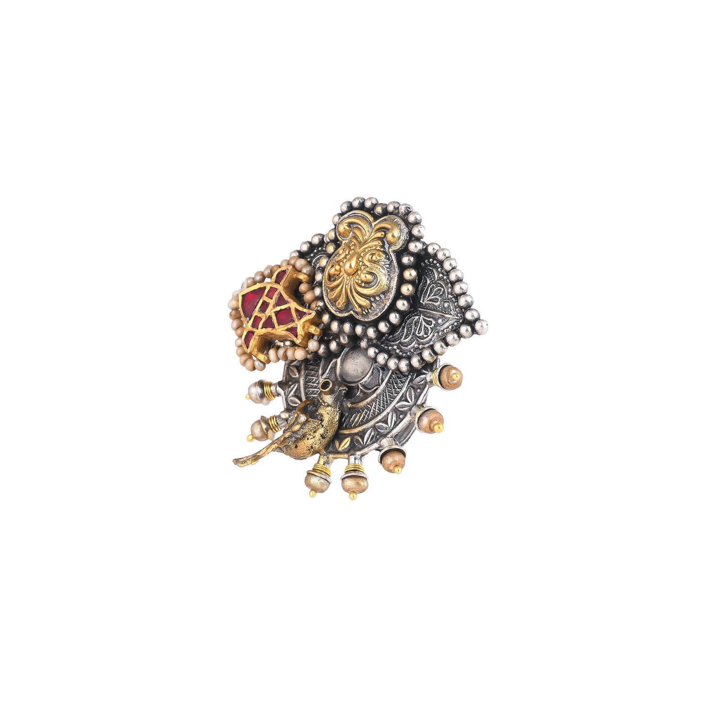 KEYA RED STONE, BIRD  EMBOSSED, GOLD PLATED SILVER RING