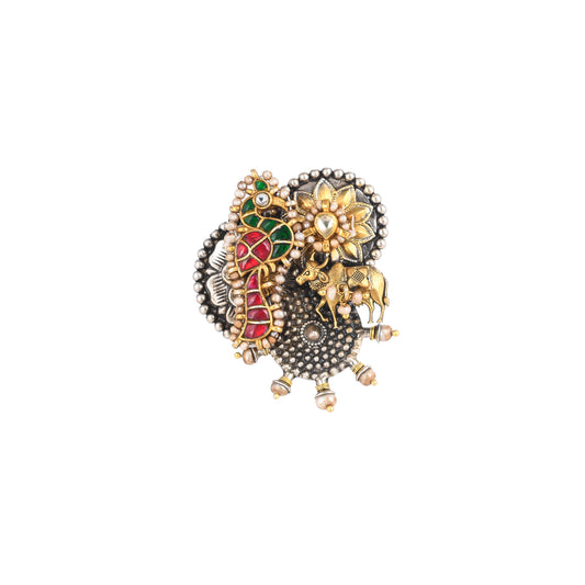 NITYA RED-GREEN STONE  MAYOOR, STUDDED WITH PEARLS, GOLD PLATED SILVER RING