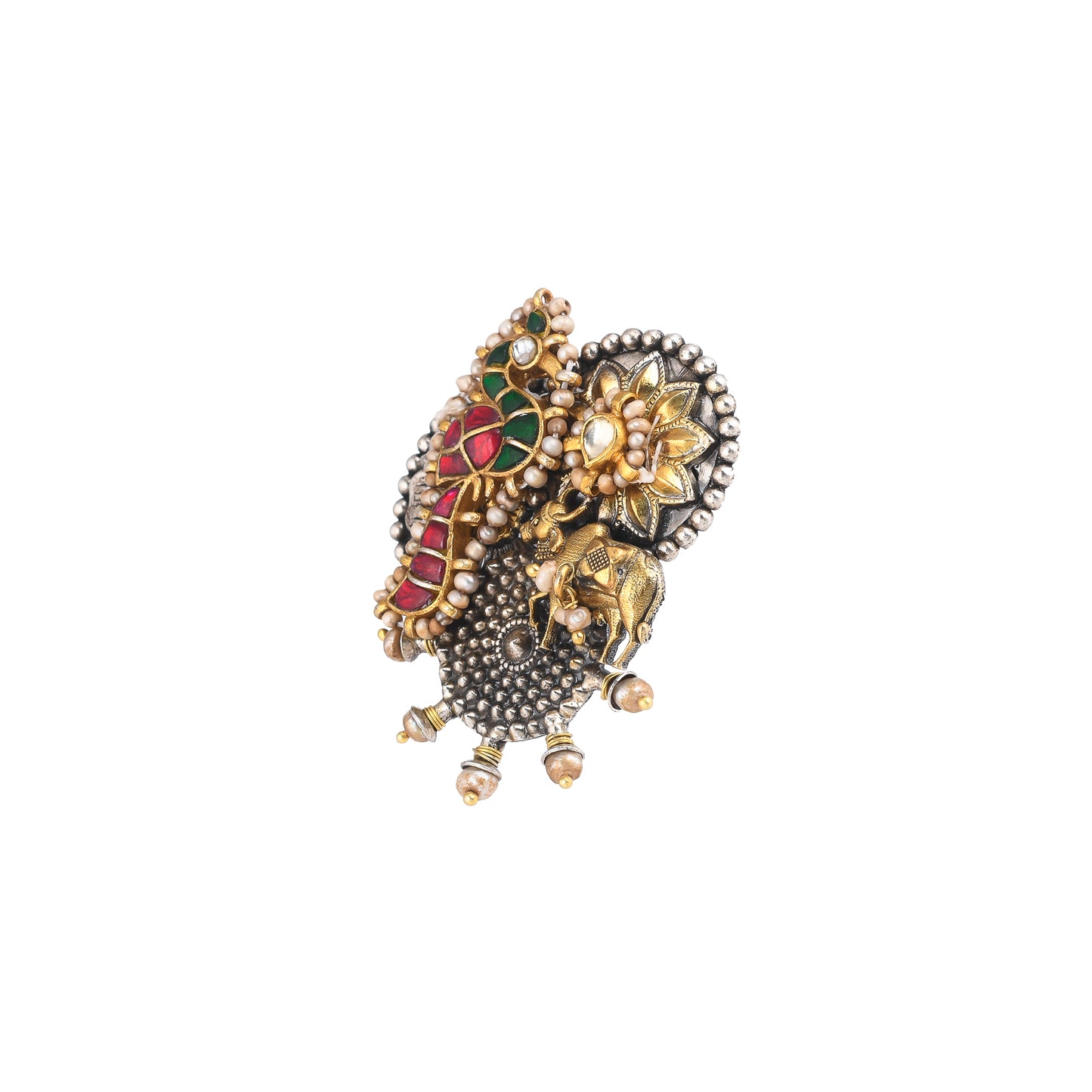 NITYA RED-GREEN STONE  MAYOOR, STUDDED WITH PEARLS, GOLD PLATED SILVER RING