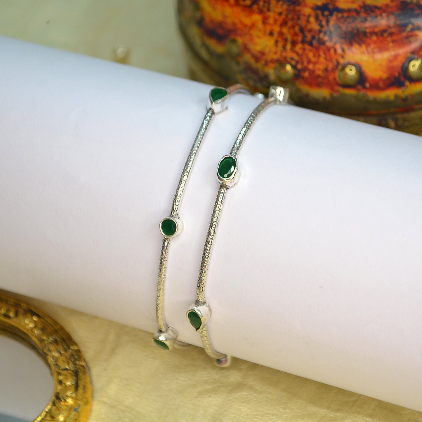 Nitya Green Stone Silver Bangle