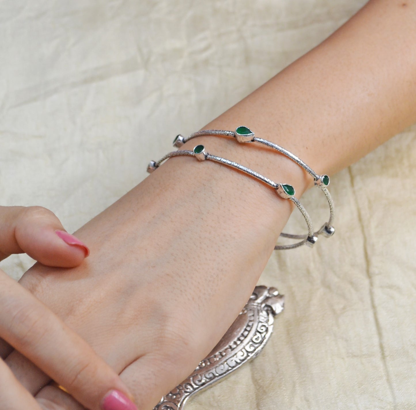 Nitya Green Stone Silver Bangle